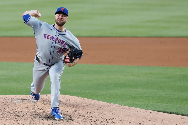 Jun 3, 2024; Washington, District of Columbia, USA; New York Mets starting pitcher Tylor Megill (38) pitches against the Washington Nationals during the fourth inning at Nationals Park. Mandatory Credit: Geoff Burke-USA TODAY Sports