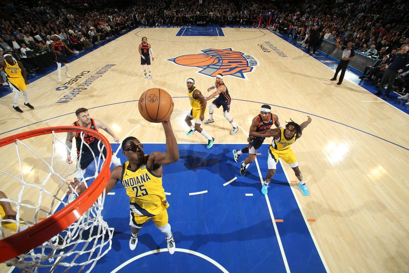 NEW YORK, NY - FEBRUARY 1: Jalen Smith #25 of the Indiana Pacers grabs a rebound during the game against the New York Knicks on February 1, 2024 at Madison Square Garden in New York City, New York.  NOTE TO USER: User expressly acknowledges and agrees that, by downloading and or using this photograph, User is consenting to the terms and conditions of the Getty Images License Agreement. Mandatory Copyright Notice: Copyright 2024 NBAE  (Photo by Nathaniel S. Butler/NBAE via Getty Images)