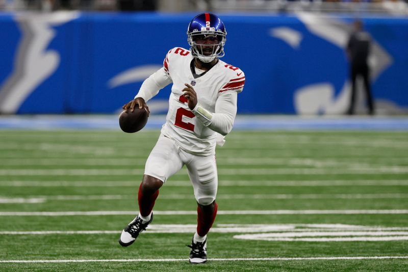 New York Giants quarterback Tyrod Taylor scrambles during the first half of an NFL preseason football game against the Detroit Lions, Friday, Aug. 11, 2023, in Detroit. (AP Photo/Duane Burleson)