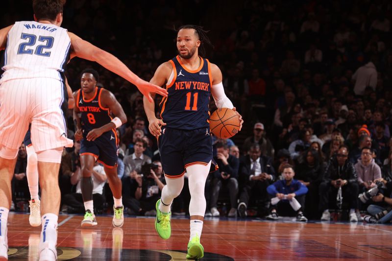 NEW YORK, NY - DECEMBER 3: Jalen Brunson #11 of the New York Knicks dribbles the ball during the game against the Orlando Magic during the Emirates NBA Cup on December 3, 2024 at Madison Square Garden in New York City, New York.  NOTE TO USER: User expressly acknowledges and agrees that, by downloading and or using this photograph, User is consenting to the terms and conditions of the Getty Images License Agreement. Mandatory Copyright Notice: Copyright 2024 NBAE  (Photo by Nathaniel S. Butler/NBAE via Getty Images)