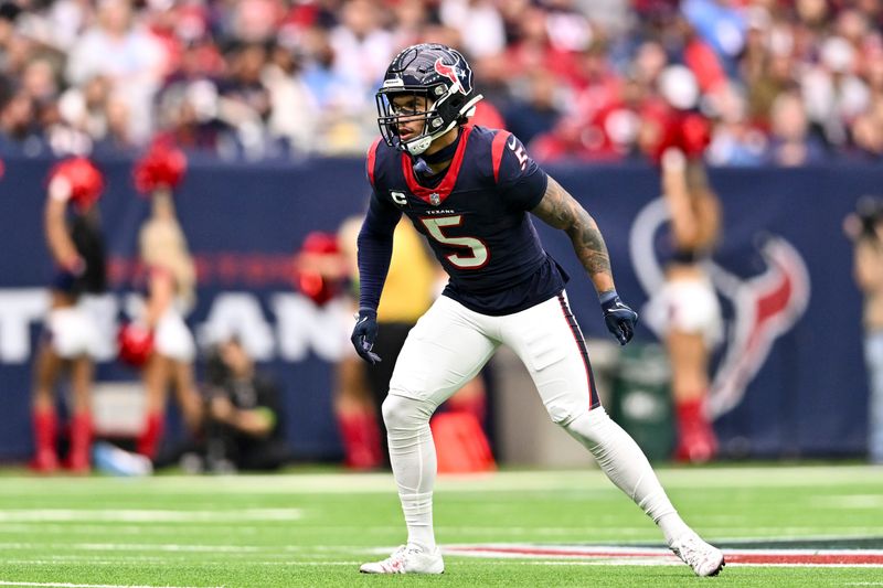 Houston Texans safety Jalen Pitre (5) in action during an NFL football game against the Tennessee Titans, Sunday, Dec 31, 2023, in Houston. (AP Photo/Maria Lysaker)