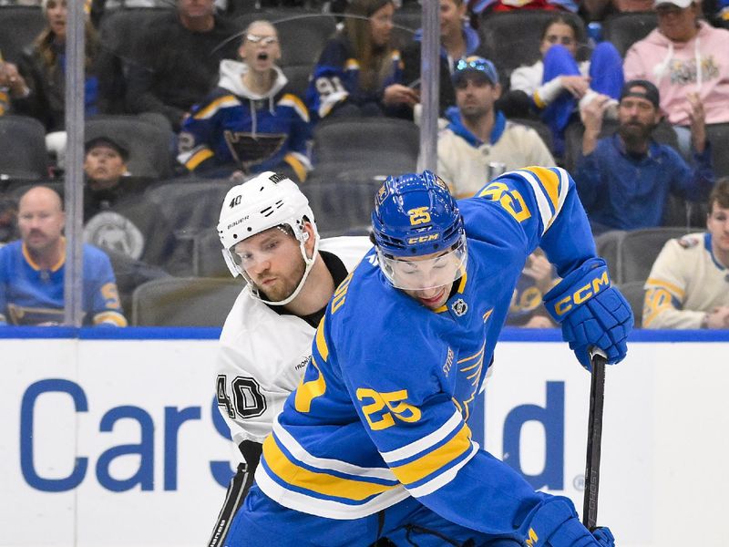 Oct 21, 2025; St. Louis, Missouri, USA; St. Louis Blues right wing Jordan Kyrou (25) controls the puck as Los Angeles Kings right wing Joel Armia (40) defends during the second period at Enterprise Center. Mandatory Credit: Jeff Curry-Imagn Images
