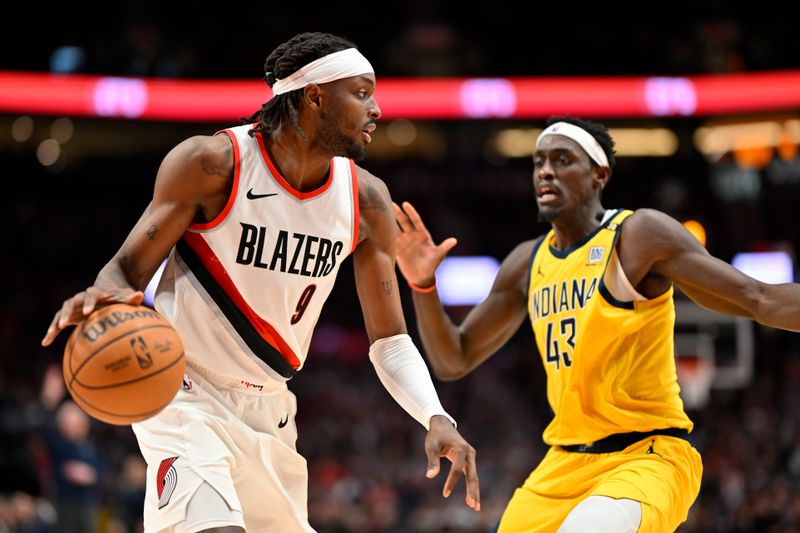 PORTLAND, OREGON - JANUARY 19: Jerami Grant #9 of the Portland Trail Blazers dribbles against Pascal Siakam #43 of the Indiana Pacers during the fourth quarter of the game at the Moda Center on January 19, 2024 in Portland, Oregon. The Portland Trail Blazers won 118-115. NOTE TO USER: User expressly acknowledges and agrees that, by downloading and or using this photograph, User is consenting to the terms and conditions of the Getty Images License Agreement. (Photo by Alika Jenner/Getty Images)