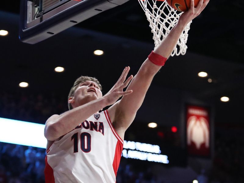 Feb 2, 2023; Tucson, Arizona, USA;Arizona Wildcats forward Azuolas Tubelis (10) makes a basket against the Oregon Ducks in the second half at McKale Center. Mandatory Credit: Zachary BonDurant-USA TODAY Sports