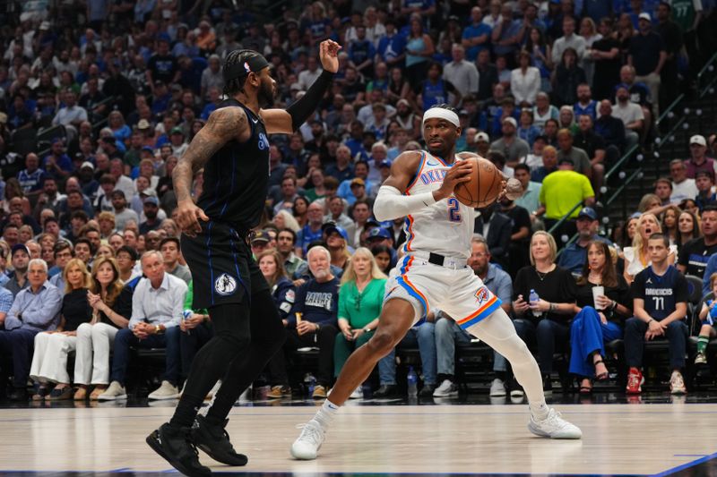 DALLAS, TX - MAY 18: Shai Gilgeous-Alexander #2 of the Oklahoma City Thunder handles the ball during the game against the Dallas Mavericks during Round 2 Game 6 of the 2024 NBA Playoffs on May 18, 2024 at the American Airlines Center in Dallas, Texas. NOTE TO USER: User expressly acknowledges and agrees that, by downloading and or using this photograph, User is consenting to the terms and conditions of the Getty Images License Agreement. Mandatory Copyright Notice: Copyright 2024 NBAE (Photo by Cooper Neill/NBAE via Getty Images)