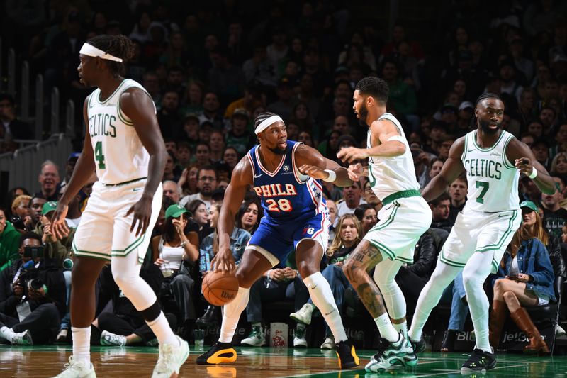 BOSTON, MA - OCTOBER 12: Guerschon Yabusele #28 of the Philadelphia 76ers handles the ball during the game against the Boston Celtics during a NBA Preseason game on October 12, 2024 at TD Garden in Boston, Massachusetts. NOTE TO USER: User expressly acknowledges and agrees that, by downloading and/or using this Photograph, user is consenting to the terms and conditions of the Getty Images License Agreement. Mandatory Copyright Notice: Copyright 2024 NBAE (Photo by Brian Babineau/NBAE via Getty Images)