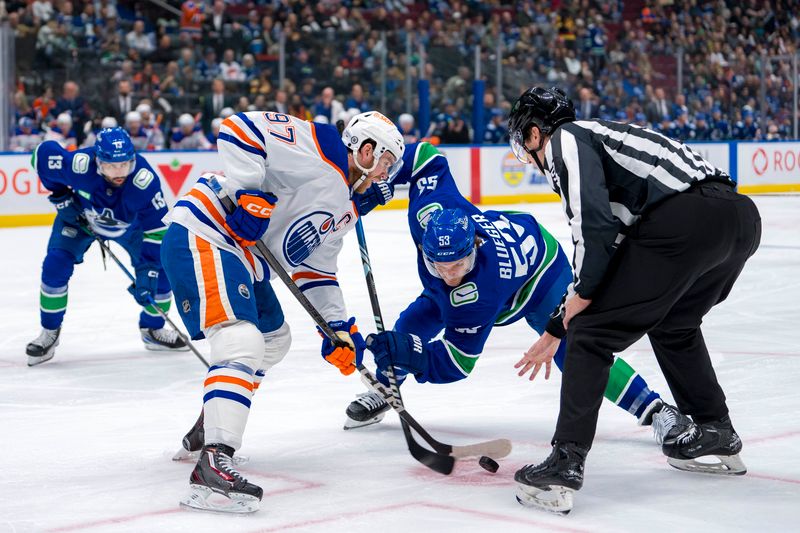 Oct 4, 2024; Vancouver, British Columbia, CAN; Edmonton Oilers forward Connor McDavid (97) faces off against Vancouver Canucks forward Teddy Blueger (53) during the first period at Rogers Arena. Mandatory Credit: Bob Frid-Imagn Images