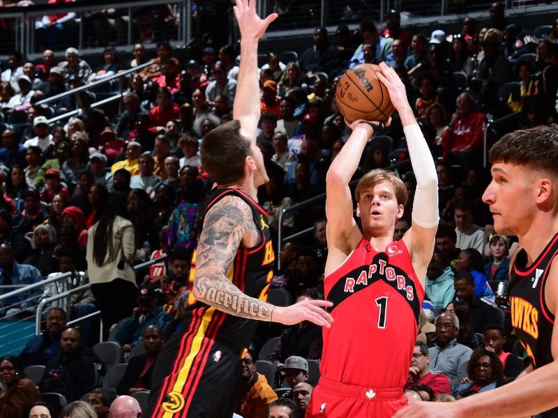 ATLANTA, GA - February 23: Gradey Dick #1 of the Toronto Raptors shoots a three point basket during the game against the Atlanta Hawks on February 23, 2024 at State Farm Arena in Atlanta, Georgia.  NOTE TO USER: User expressly acknowledges and agrees that, by downloading and/or using this Photograph, user is consenting to the terms and conditions of the Getty Images License Agreement. Mandatory Copyright Notice: Copyright 2024 NBAE (Photo by Scott Cunningham/NBAE via Getty Images)