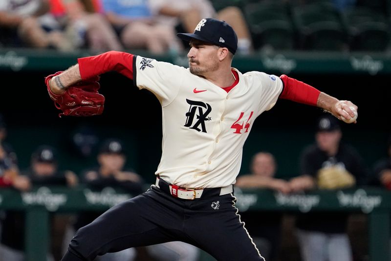 Aug 16, 2024; Arlington, Texas, USA; Texas Rangers pitcher Andrew Heaney (44) throws to the plate during the first inning against the Minnesota Twins at Globe Life Field. Mandatory Credit: Raymond Carlin III-USA TODAY Sports