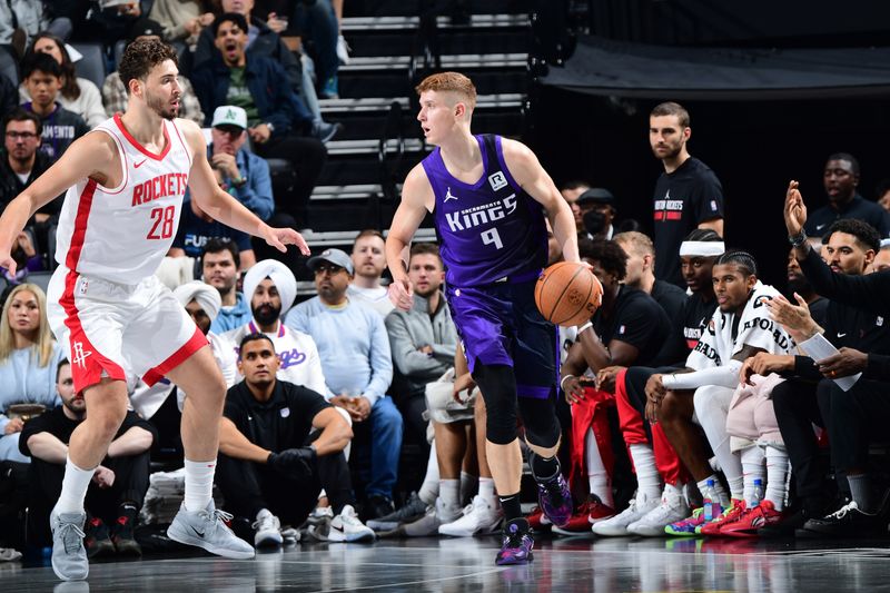 SACRAMENTO, CA - DECEMBER 3: Kevin Huerter #9 of the Sacramento Kings dribbles the ball during the game against the Houston Rockets during the Emirates NBA Cup game on December 3, 2024 at Golden 1 Center in Sacramento, California. NOTE TO USER: User expressly acknowledges and agrees that, by downloading and or using this Photograph, user is consenting to the terms and conditions of the Getty Images License Agreement. Mandatory Copyright Notice: Copyright 2024 NBAE (Photo by Adam Pantozzi/NBAE via Getty Images)