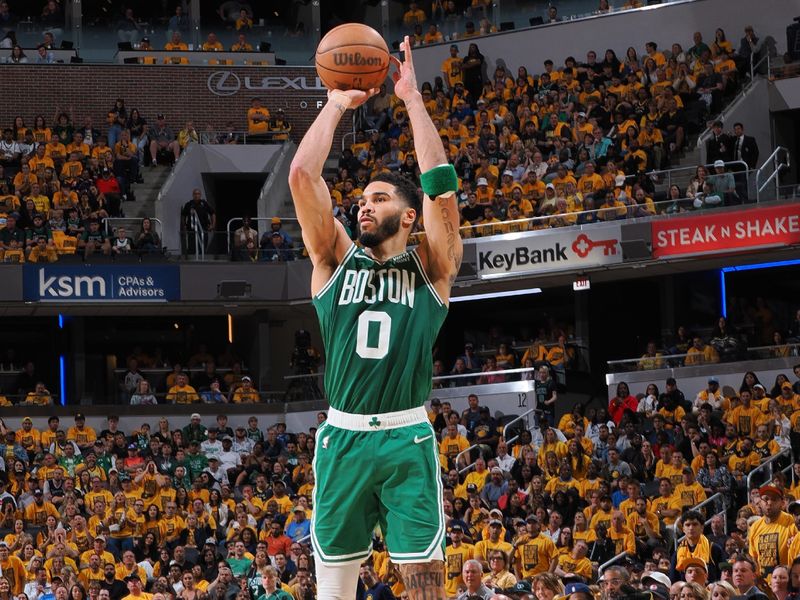 INDIANAPOLIS, IN - MAY 27: Jayson Tatum #0 of the Boston Celtics shoots a three point basket during the game against the Indiana Pacers during Game 4 of the Eastern Conference Finals of the 2024 NBA Playoffs on May 27, 2024 at Gainbridge Fieldhouse in Indianapolis, Indiana. NOTE TO USER: User expressly acknowledges and agrees that, by downloading and or using this Photograph, user is consenting to the terms and conditions of the Getty Images License Agreement. Mandatory Copyright Notice: Copyright 2024 NBAE (Photo by Ron Hoskins/NBAE via Getty Images)