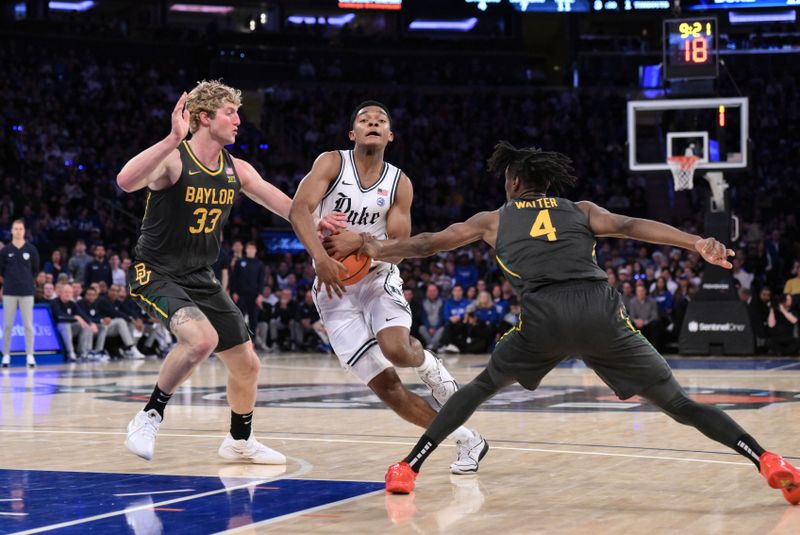 Dec 20, 2023; New York, New York, USA; Duke Blue Devils guard Caleb Foster (1) drives to the basket while being defended by Baylor Bears forward Caleb Lohner (33) and guard Ja'Kobe Walter (4) during the first half at Madison Square Garden. Mandatory Credit: John Jones-USA TODAY Sports