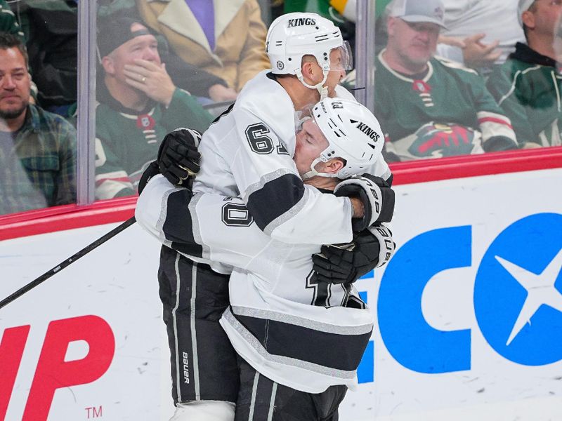 Nov 5, 2024; Saint Paul, Minnesota, USA; Los Angeles Kings center Trevor Lewis (61) celebrates his goal against the Minnesota Wild in the third period at Xcel Energy Center. Mandatory Credit: Brad Rempel-Imagn Images