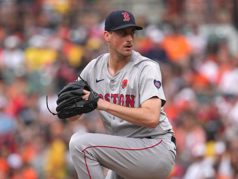 May 27, 2024; Baltimore, Maryland, USA; Boston Red Sox starting pitcher Cooper Criswell (64) delivers a pitch in the first inning against the Baltimore Orioles at Oriole Park at Camden Yards. Mandatory Credit: Mitch Stringer-USA TODAY Sports