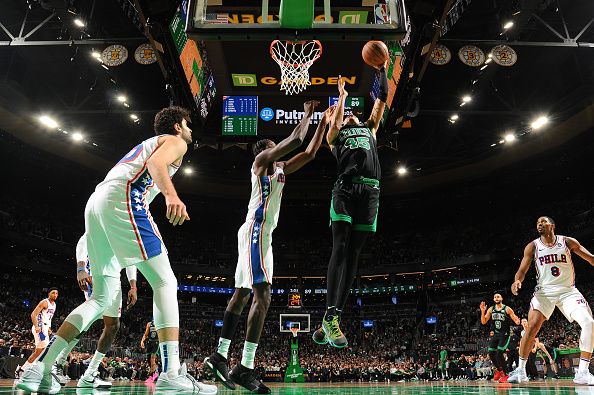 BOSTON, MA - DECEMBER 1: Dalano Banton #45 of the Boston Celtics drives to the basket during the game against the Philadelphia 76ers on December 1, 2023 at the TD Garden in Boston, Massachusetts. NOTE TO USER: User expressly acknowledges and agrees that, by downloading and or using this photograph, User is consenting to the terms and conditions of the Getty Images License Agreement. Mandatory Copyright Notice: Copyright 2023 NBAE  (Photo by Brian Babineau/NBAE via Getty Images)