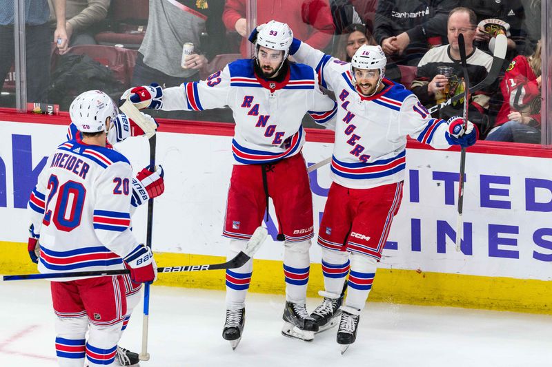 Feb 9, 2024; Chicago, Illinois, USA; New York Rangers center Mika Zibanejad (93) celebrates his goal with teammates against the Chicago Blackhawks during overtime at the United Center. Mandatory Credit: Daniel Bartel-USA TODAY Sports