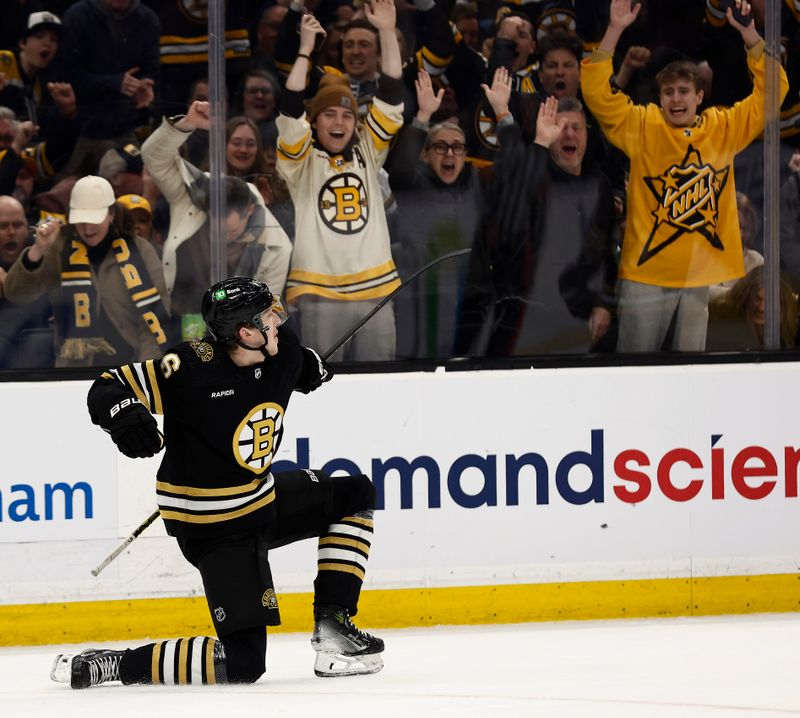 Feb 29, 2024; Boston, Massachusetts, USA; Boston Bruins defenseman Mason Lohrei (6) celebrates his winning goal against the Vegas Golden Knights during the third period of their 5-4 win at TD Garden. Mandatory Credit: Winslow Townson-USA TODAY Sports