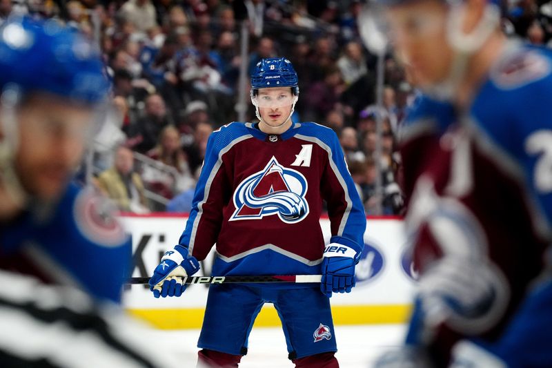 Mar 24, 2024; Denver, Colorado, USA; Colorado Avalanche defenseman Cale Makar (8) during second period against the Pittsburgh Penguins at Ball Arena. Mandatory Credit: Ron Chenoy-USA TODAY Sports