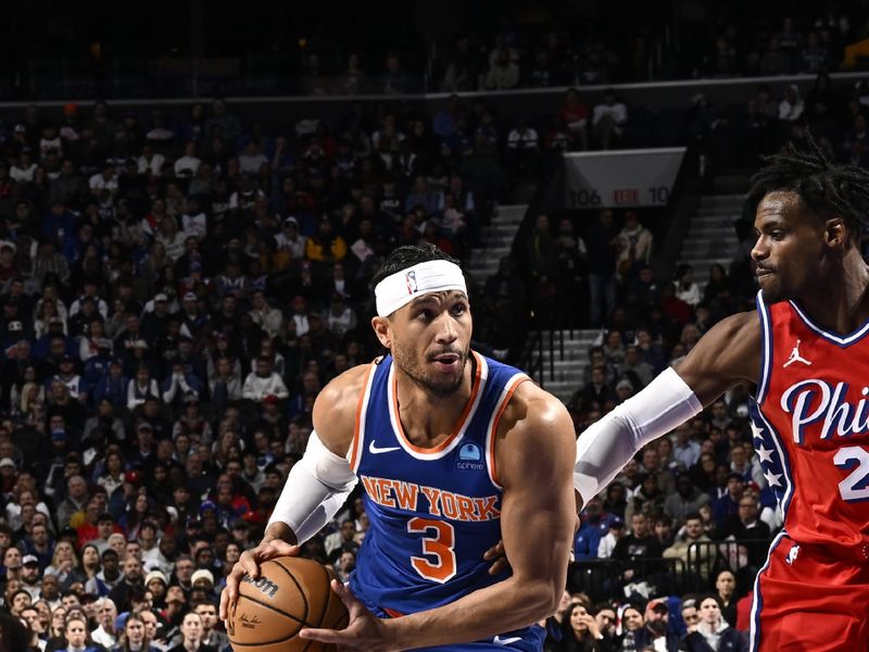 PHILADELPHIA, PA - JANUARY 5: Josh Hart #3 of the New York Knicks handles the ball during the game against the Philadelphia 76ers on January 5, 2024 at the Wells Fargo Center in Philadelphia, Pennsylvania NOTE TO USER: User expressly acknowledges and agrees that, by downloading and/or using this Photograph, user is consenting to the terms and conditions of the Getty Images License Agreement. Mandatory Copyright Notice: Copyright 2024 NBAE (Photo by David Dow/NBAE via Getty Images)