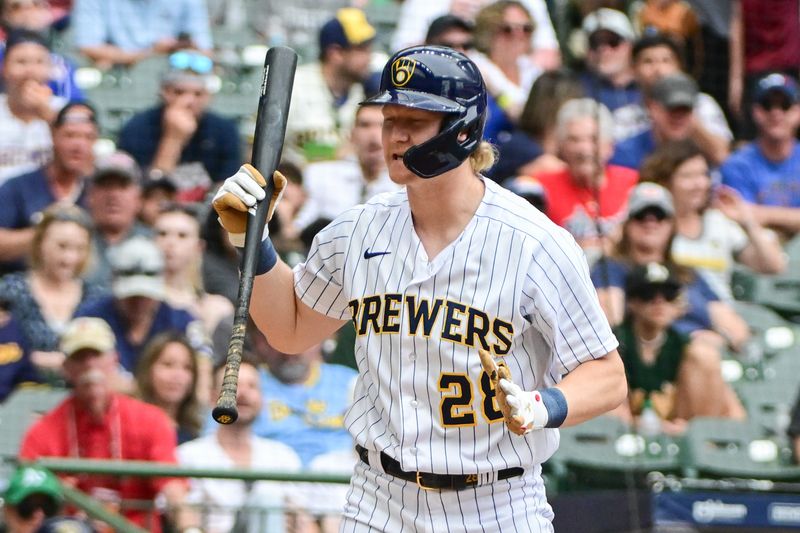 Jun 10, 2023; Milwaukee, Wisconsin, USA; Milwaukee Brewers center fielder Joey Wiemer (28) reacts after striking out against the Oakland Athletics in the fifth inning at American Family Field. Mandatory Credit: Benny Sieu-USA TODAY Sports