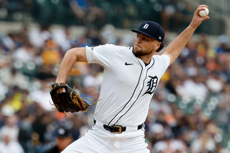 Sep 21, 2025; Detroit, Michigan, USA;  Detroit Tigers pitcher Brant Hurter (48) pitches in the sixth inning against the Atlanta Braves at Comerica Park. Mandatory Credit: Rick Osentoski-Imagn Images