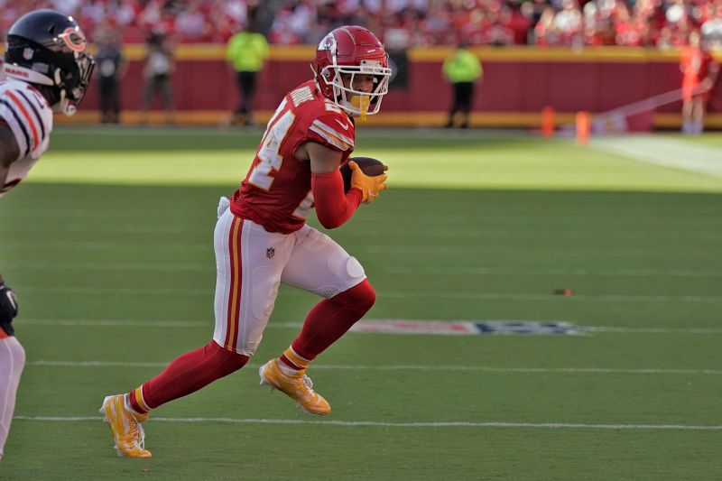 Kansas City Chiefs wide receiver Skyy Moore runs the ball during the second half of an NFL football game against the Chicago Bears Sunday, Sept. 24, 2023, in Kansas City, Mo. (AP Photo/Charlie Riedel)