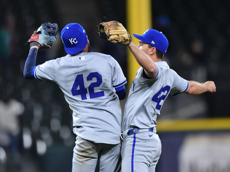 Apr 15, 2024; Chicago, Illinois, USA; The Kansas City Royals celebrate after defeating the Chicago White Sox at Guaranteed Rate Field. Mandatory Credit: Patrick Gorski-USA TODAY Sports