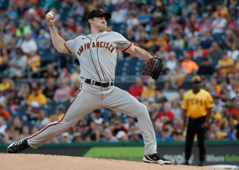 Jul 14, 2023; Pittsburgh, Pennsylvania, USA;  San Francisco Giants starting pitcher Ross Stripling (48) delivers a pitch against the Pittsburgh Pirates during the first inning at PNC Park. Mandatory Credit: Charles LeClaire-USA TODAY Sports