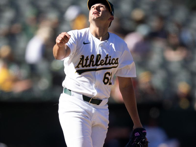 Sep 8, 2024; Oakland, California, USA; Oakland Athletics pitcher Brandon Bilk (62) follows the flight of a popup by Detroit Tigers right fielder Matt Vierling (not pictured) during the ninth inning at Oakland-Alameda County Coliseum. Mandatory Credit: D. Ross Cameron-Imagn Images