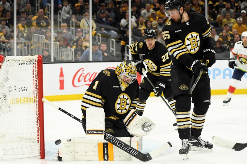 May 12, 2024; Boston, Massachusetts, USA; Boston Bruins goaltender Jeremy Swayman (1) makes a save during the second period in game four of the second round of the 2024 Stanley Cup Playoffs against the Florida Panthers at TD Garden. Mandatory Credit: Bob DeChiara-USA TODAY Sports