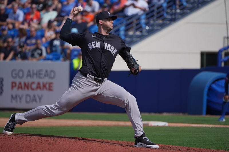 Mar 5, 2024; Port St. Lucie, Florida, USA;  New York Yankees relief pitcher Clay Holmes (35) pitches in the fourth inning against the New York Mets at Clover Park. Mandatory Credit: Jim Rassol-USA TODAY Sports