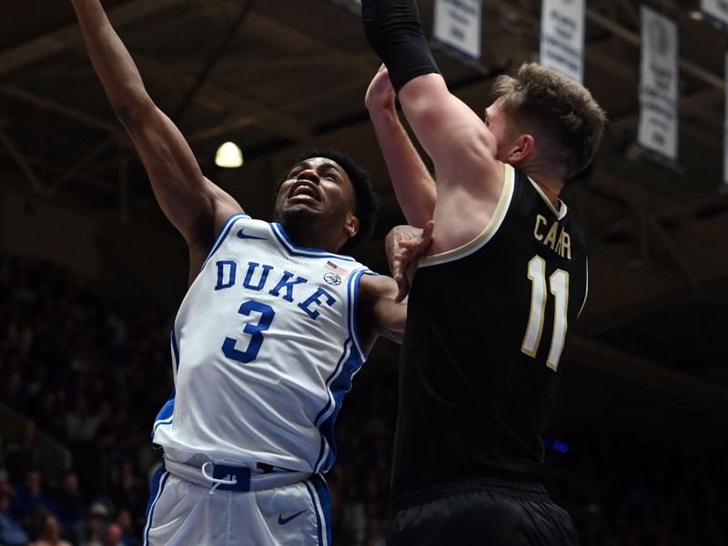 Feb 12, 2024; Durham, North Carolina, USA; Duke Blue Devils guard Jeremy Roach (3) lays the ball up over Wake Forest Deamon Deacons forward Andrew Carr (11) during the second half at Cameron Indoor Stadium. The Blue Devils won 77-69. Mandatory Credit: Rob Kinnan-USA TODAY Sports