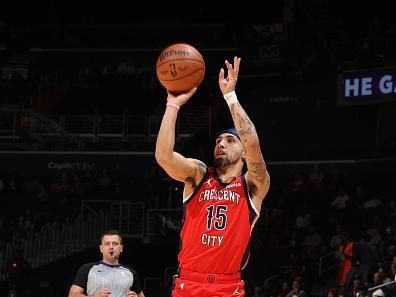 WASHINGTON, DC -? DECEMBER 13:  Jose Alvarado #15 of the New Orleans Pelicans shoots a three point basket during the game  on December 13, 2023 at Capital One Arena in Washington, DC. NOTE TO USER: User expressly acknowledges and agrees that, by downloading and or using this Photograph, user is consenting to the terms and conditions of the Getty Images License Agreement. Mandatory Copyright Notice: Copyright 2023 NBAE (Photo by Stephen Gosling/NBAE via Getty Images)