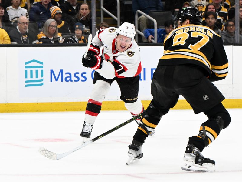 Nov 9, 2024; Boston, Massachusetts, USA;  Ottawa Senators left wing Brady Tkachuk (7) shoots the game winning overtime goal against the Boston Bruins during an overtime period at TD Garden. Mandatory Credit: Brian Fluharty-Imagn Images