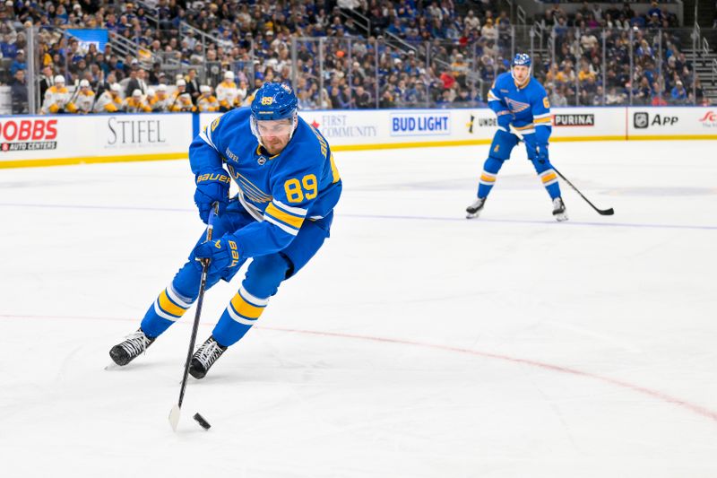 Dec 27, 2025; St. Louis, Missouri, USA; St. Louis Blues left wing Pavel Buchnevich (89) controls the puck against the Nashville Predators during the second period at Enterprise Center. Mandatory Credit: Jeff Curry-Imagn Images