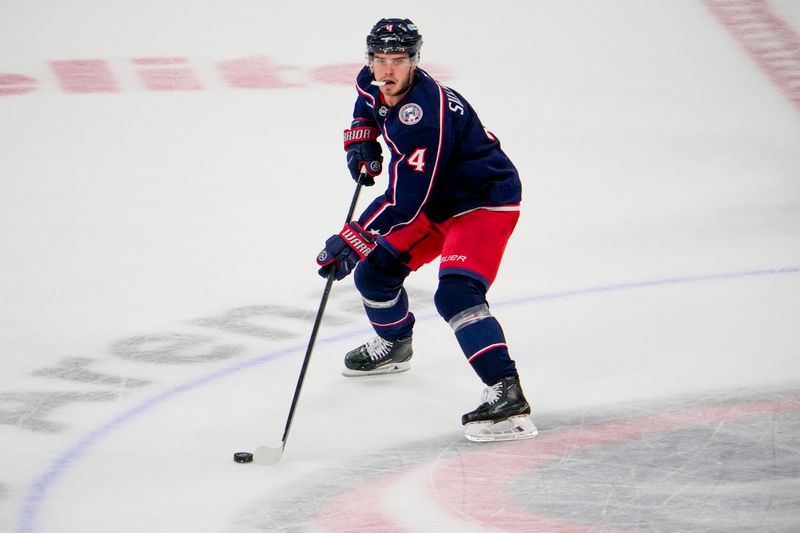 Oct 17, 2024; Columbus, Ohio, USA; Columbus Blue Jackets center Cole Sillinger (4) skates with the puck in the second period at Nationwide Arena on Thursday. Mandatory Credit: Samantha Madar/USA TODAY Network via Imagn Images