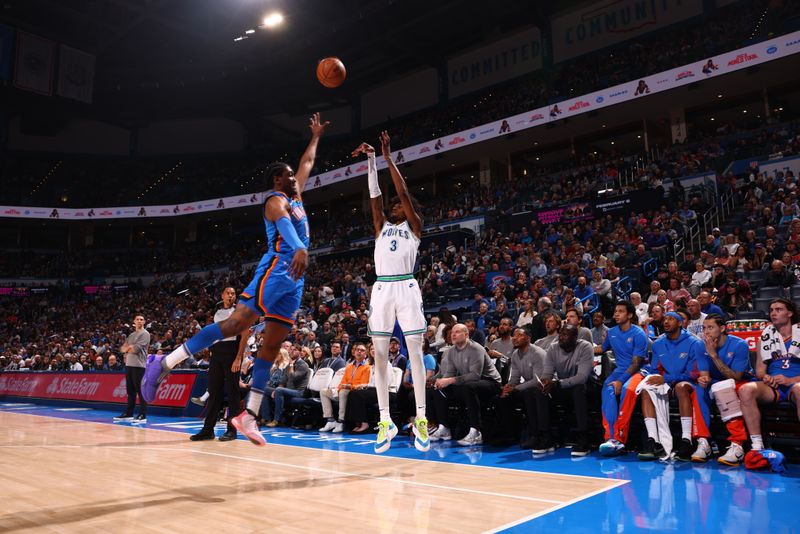 OKLAHOMA CITY, OK - JANUARY 29: Jaden McDaniels #3 of the Minnesota Timberwolves shoots the ball during the game against the Oklahoma City Thunder on January 29, 2024 at Paycom Arena in Oklahoma City, Oklahoma. NOTE TO USER: User expressly acknowledges and agrees that, by downloading and or using this photograph, User is consenting to the terms and conditions of the Getty Images License Agreement. Mandatory Copyright Notice: Copyright 2024 NBAE (Photo by Zach Beeker/NBAE via Getty Images)