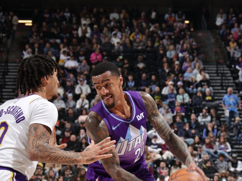 SALT LAKE CITY, UT - DECEMBER 1: John Collins #20 of the Utah Jazz handles the ball during the game against the Los Angeles Lakers on December 1, 2024 at Delta Center in Salt Lake City, Utah. NOTE TO USER: User expressly acknowledges and agrees that, by downloading and or using this Photograph, User is consenting to the terms and conditions of the Getty Images License Agreement. Mandatory Copyright Notice: Copyright 2024 NBAE (Photo by Melissa Majchrzak/NBAE via Getty Images)