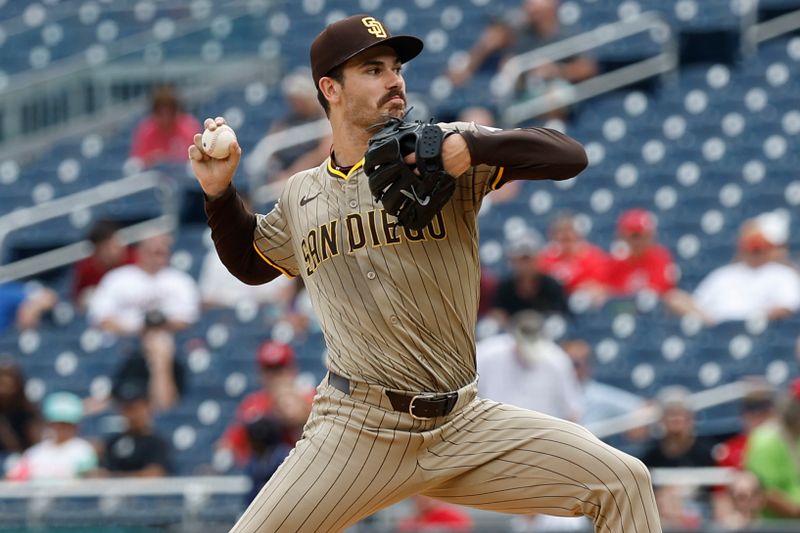Jul 25, 2024; Washington, District of Columbia, USA; San Diego Padres starting pitcher Dylan Cease (84) pitches against the Washington Nationals during the third inning  at Nationals Park. Mandatory Credit: Geoff Burke-USA TODAY Sports