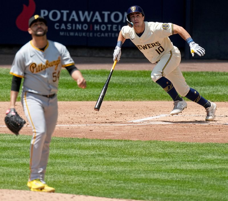 May 15, 2024; Milwaukee, Wisconsin, USA; Milwaukee Brewers outfielder Sal Frelick (10) hits a solo home run off of Pittsburgh Pirates pitcher Martín Pérez (54) during the fourth inning of their game at American Family Field. Mandatory Credit: Mark Hoffman-USA TODAY Sports