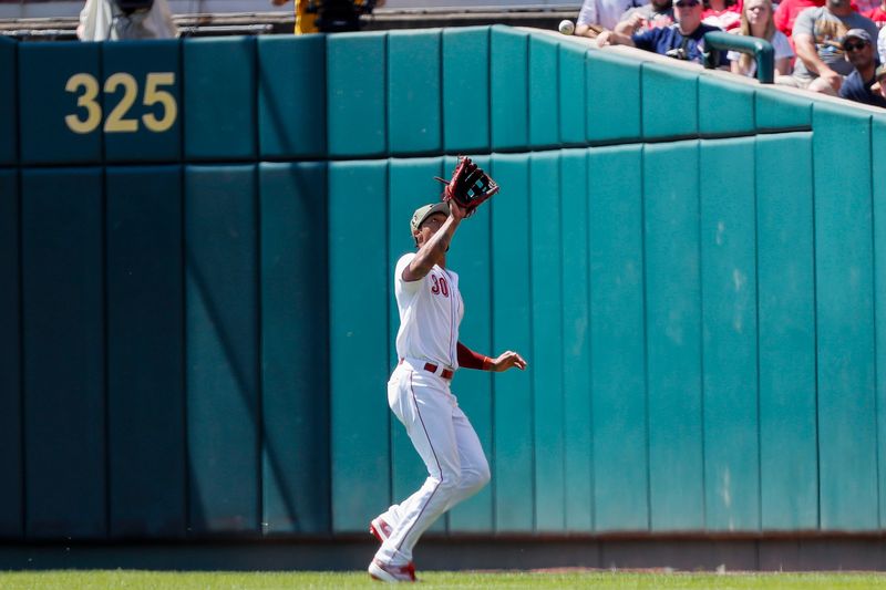 May 21, 2023; Cincinnati, Ohio, USA; Cincinnati Reds right fielder Will Benson (30) catches a pop up hit by New York Yankees second baseman Gleyber Torres (not pictured) in the first inning at Great American Ball Park. Mandatory Credit: Katie Stratman-USA TODAY Sports