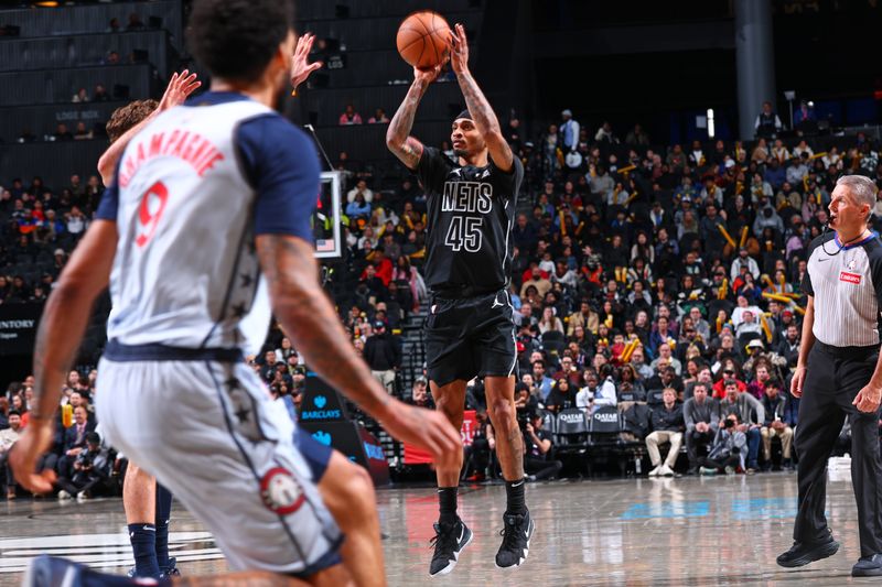 NEW YORK, NY - FEBRUARY 5: Keon Johnson #45 of the Brooklyn Nets shoots the ball during the game against the Washington Wizards on February 5, 2025 at Madison Square Garden in New York City, New York.  NOTE TO USER: User expressly acknowledges and agrees that, by downloading and or using this photograph, User is consenting to the terms and conditions of the Getty Images License Agreement. Mandatory Copyright Notice: Copyright 2025 NBAE  (Photo by David L. Nemec/NBAE via Getty Images)