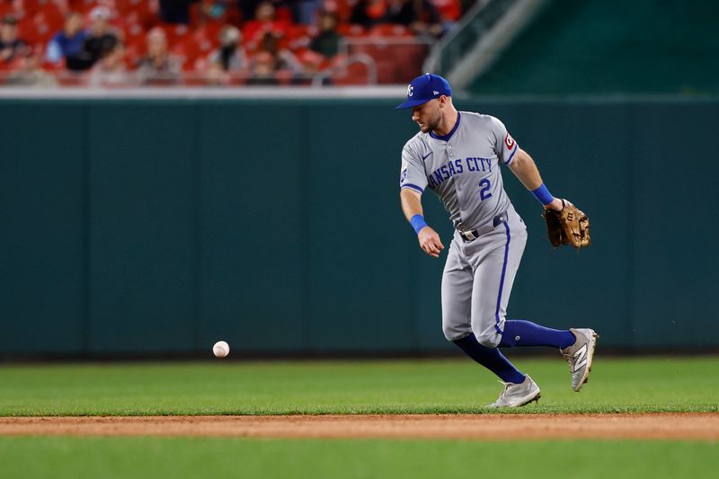 Sep 24, 2024; Washington, District of Columbia, USA; A single by Washington Nationals second base Luis García Jr. (not pictured) bounces away from Kansas City Royals outfielder Garrett Hampson (2) during the second inning at Nationals Park. Mandatory Credit: Geoff Burke-Imagn Images