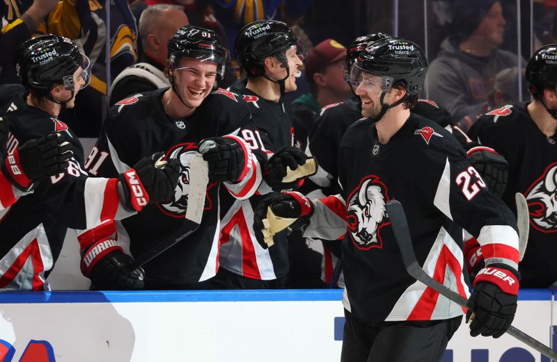 Jan 29, 2026; Buffalo, New York, USA;  Buffalo Sabres defenseman Mattias Samuelsson (23) celeb rates his goal with teammates during the first period against the Los Angeles Kings at KeyBank Center. Mandatory Credit: Timothy T. Ludwig-Imagn Images