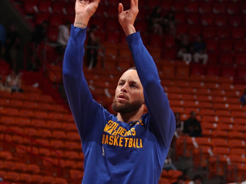 MIAMI, FL - MARCH 26:  Stephen Curry #30 of the Golden State Warriors warms up before the game against the Miami Heat on March 26, 2024 at Kaseya Center in Miami, Florida. NOTE TO USER: User expressly acknowledges and agrees that, by downloading and or using this Photograph, user is consenting to the terms and conditions of the Getty Images License Agreement. Mandatory Copyright Notice: Copyright 2024 NBAE (Photo by Issac Baldizon/NBAE via Getty Images)