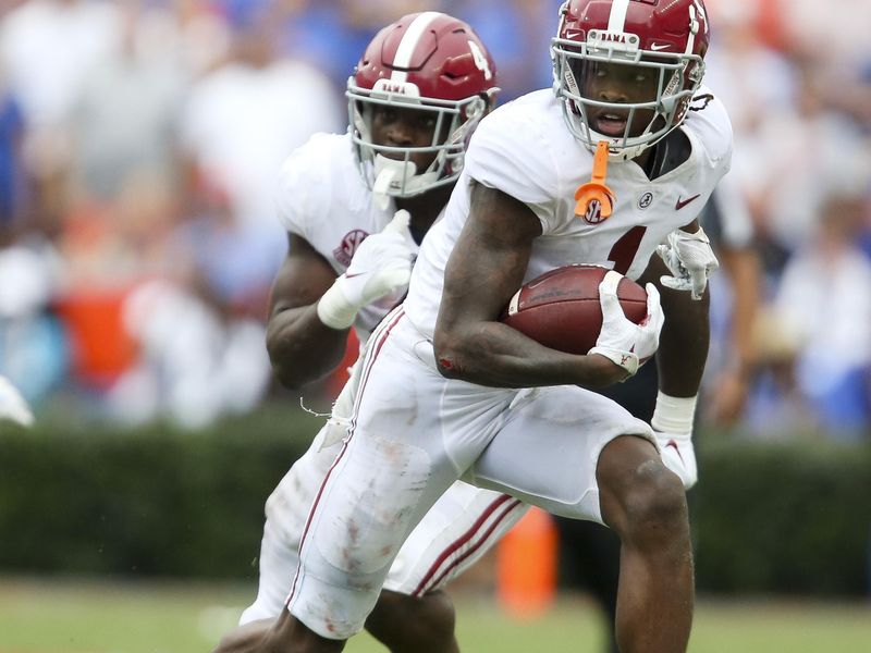 Sep 18, 2021; Gainesville, Florida, USA;  Alabama wide receiver Jameson Williams (1) breaks into the open after making a catch against Florida at Ben Hill Griffin Stadium. Alabama defeated Florida 31-29. Mandatory Credit: Gary Cosby-USA TODAY Sports