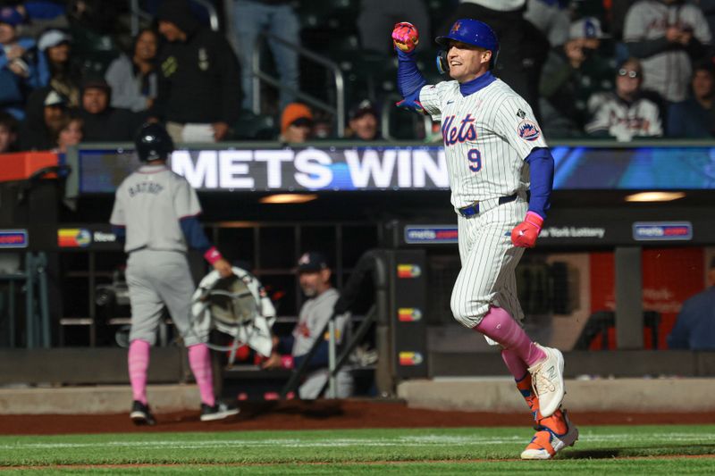 May 12, 2024; New York City, New York, USA; New York Mets left fielder Brandon Nimmo (9) celebrates while running the base path after hitting a walk-off two run home run during the ninth inning against the Atlanta Braves at Citi Field. Mandatory Credit: Vincent Carchietta-USA TODAY Sports