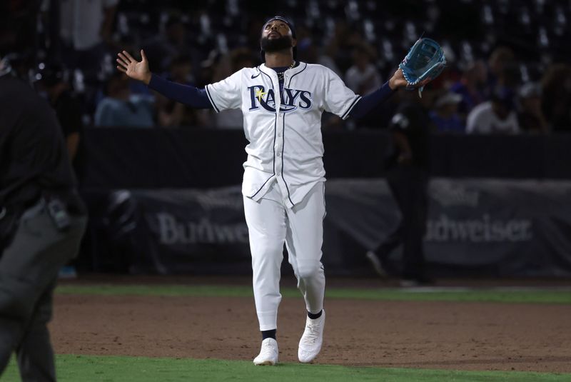 Jun 4, 2025; St. Petersburg, Florida, USA; Tampa Bay Rays third base Junior Caminero (13) reacts after they beat the Texas Rangers at George M. Steinbrenner Field. Mandatory Credit: Kim Klement Neitzel-Imagn Images