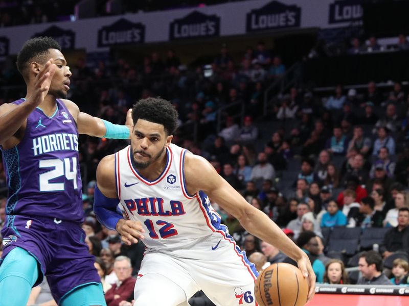 CHARLOTTE, NC - JANUARY 20:  Tobias Harris #12 of the Philadelphia 76ers goes to the basket during the game on January 20, 2024 at Spectrum Center in Charlotte, North Carolina. NOTE TO USER: User expressly acknowledges and agrees that, by downloading and or using this photograph, User is consenting to the terms and conditions of the Getty Images License Agreement.  Mandatory Copyright Notice:  Copyright 2024 NBAE (Photo by Brock Williams-Smith/NBAE via Getty Images)