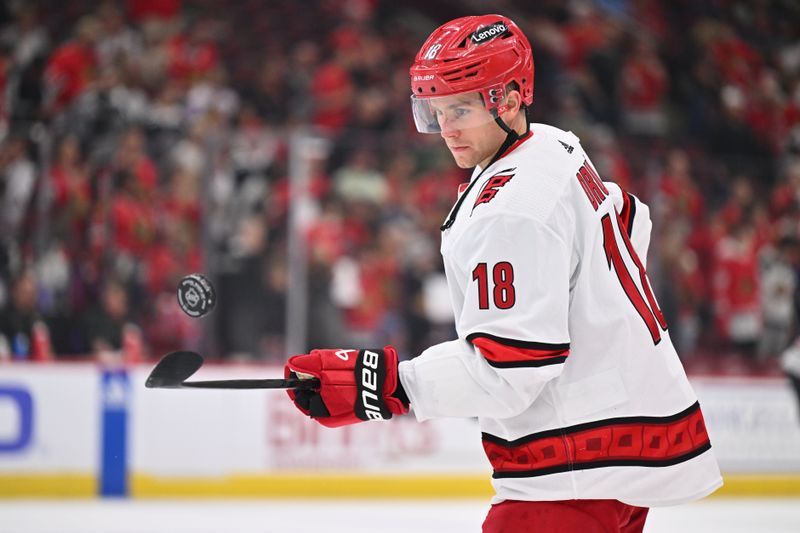 Apr 14, 2024; Chicago, Illinois, USA;  Carolina Hurricanes forward Jack Drury (18) warms up before a game against the Chicago Blackhawks at United Center. Mandatory Credit: Jamie Sabau-USA TODAY Sports